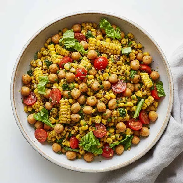 Succotash Salad With Garlic Chickpeas, Roasted Corn, Basil Tomato & Chives Oil Dressing